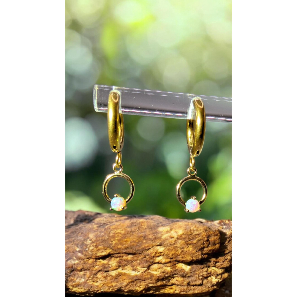 Gold Opal Huggie Hoop Earrings – Lab Created Opal Charm, 14k Gold Plated Drop